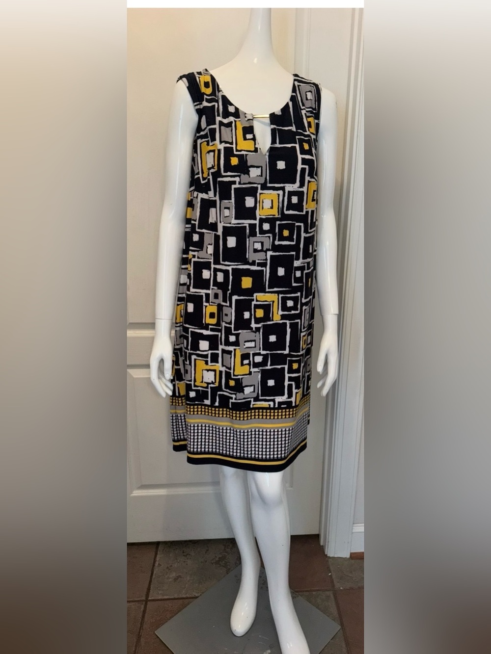 Tacera Black, Yellow & Gray Geometric Midi Skirt